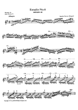 Agustin Barrios Estudio No 6 score for Acoustic Guitar