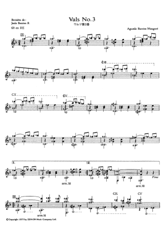 Agustin Barrios Vals No 3 score for Acoustic Guitar