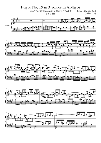 Bach Fugue No. 19 BWV 888 In A Major score for Piano