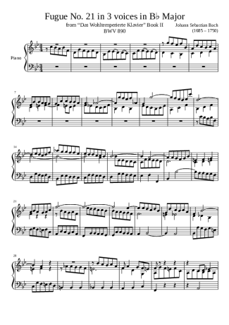 Bach Fugue No. 21 BWV 890 In B Major score for Piano