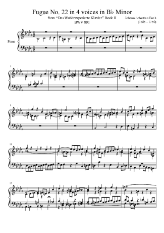 Bach Fugue No. 22 BWV 891 In B Minor score for Piano
