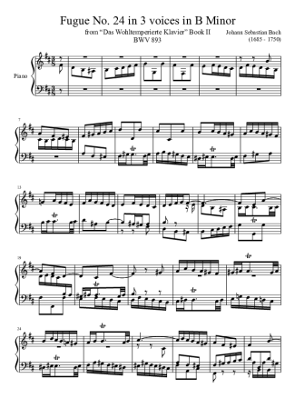 Bach Fugue No. 24 BWV 893 In B Minor score for Piano
