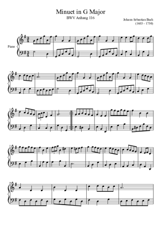 Bach Minuet In G Major BWV 116 score for Piano