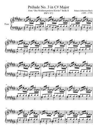 Bach Prelude No. 3 BWV 872 In C Major score for Piano