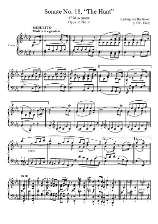 Beethoven Sonata No 18 The Hunt 3rd Movement score for Piano