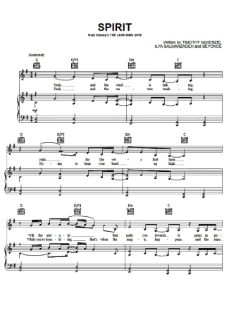 Beyoncé Spirit score for Piano