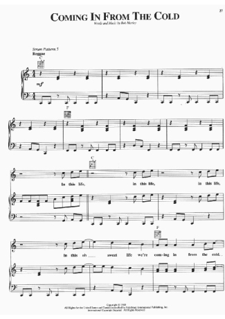 Bob Marley Coming In From The Cold score for Piano