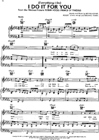 Bryan Adams I Do It For You (Everything I Do) score for Piano