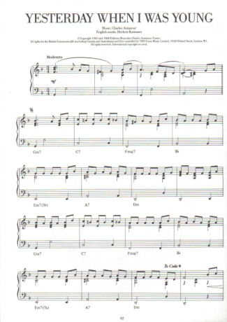 Charles Aznavour Yesterday When I Was Young score for Piano