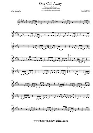 Charlie Puth One Call Away score for Clarinet (C)