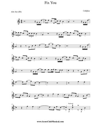 Coldplay Fix You score for Alto Saxophone