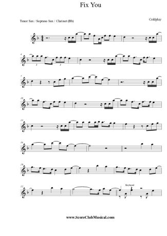 Coldplay Fix You score for Clarinet (Bb)