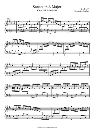 Domenico Scarlatti Keyboard Sonata In A Major Cary 703 score for Piano