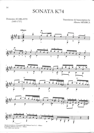 Domenico Scarlatti Sonata K74 score for Acoustic Guitar