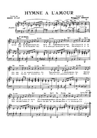 Edith Piaf Hymne A L´Amour score for Piano