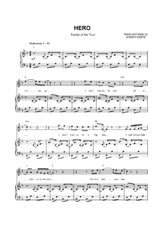 Family of the Year Hero score for Piano