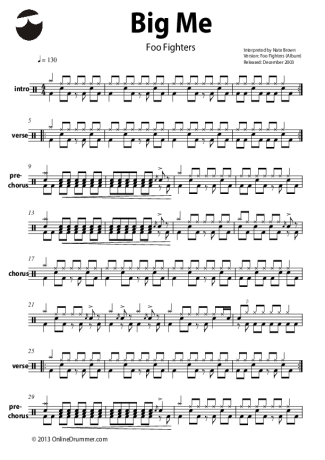 Foo Fighters Big Me score for Drums