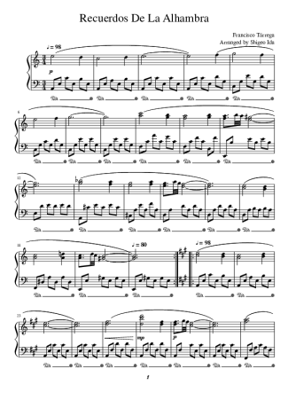 Francisco Tárrega Recuerdos De La Alhambra score for Piano