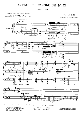 Franz Liszt Hungarian Rhapsody No.12 score for Piano
