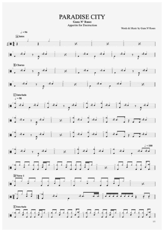 Guns N Roses Paradise City score for Drums