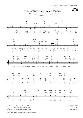 Hinário Para o Culto Cristão Seguireis Pergunta O Mestre score for Keyboard