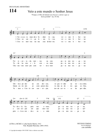 Hinário Para o Culto Cristão Veio A Este Mundo O Senhor Jesus score for Keyboard