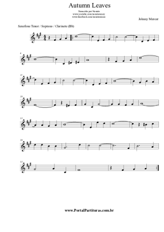 Johnny Mercer Autumn Leaves score for Clarinet (Bb)