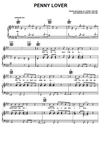 Lionel Richie Penny Lover score for Piano