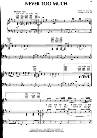 Luther Vandross Never Too Much score for Piano