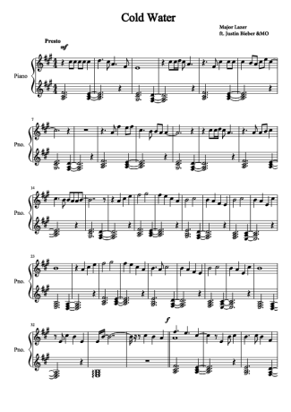 Major Lazer Cold Water (feat Justin Bieber) score for Piano