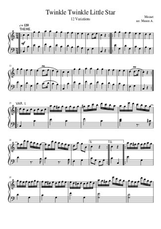 Mozart 12 Variations of Twinkle Twinkle Little Star score for Piano