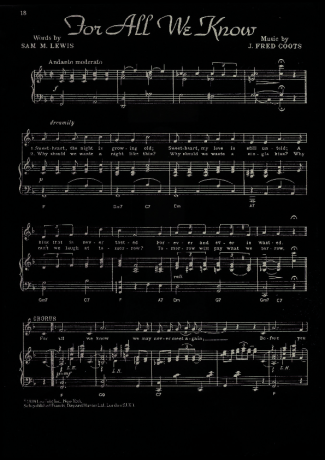 Nat King Cole For All We Know score for Piano