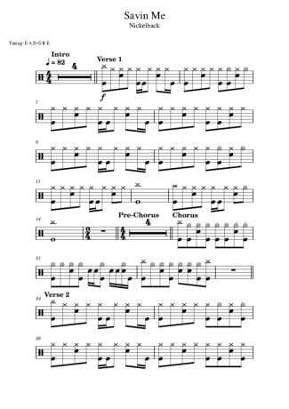 Nickelback Savin Me score for Drums