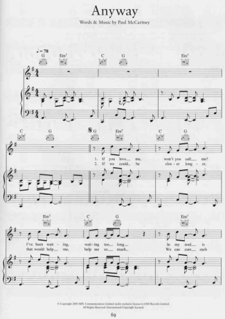 Paul McCartney Anyway score for Piano