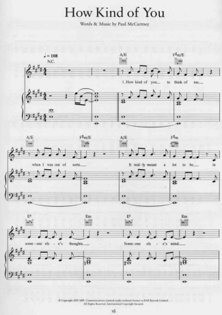 Paul McCartney How Kind Of You score for Piano