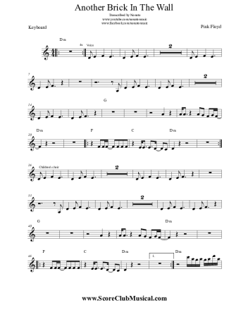 Pink Floyd Another Brick In The Wall score for Keyboard