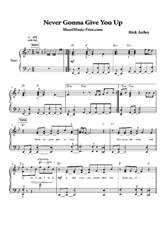 Rick Astley Never Gonna Give You Up score for Piano