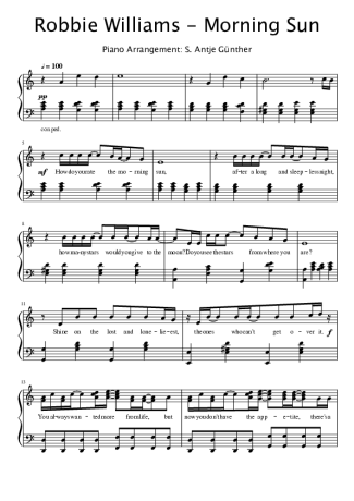 Robbie Williams Morning Sun score for Piano
