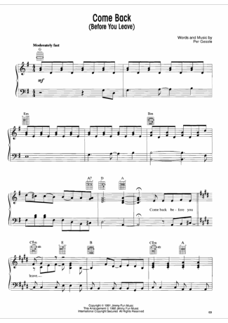 Roxette Come Back (Before You Leave) score for Piano