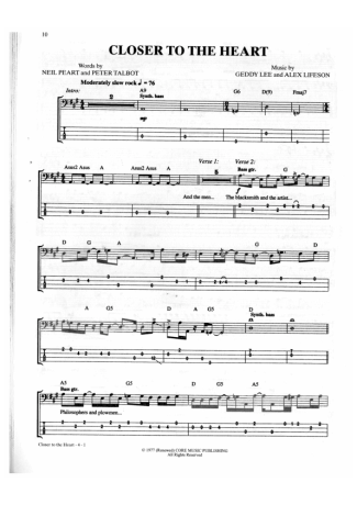 Rush Closer To The Heart score for Bass