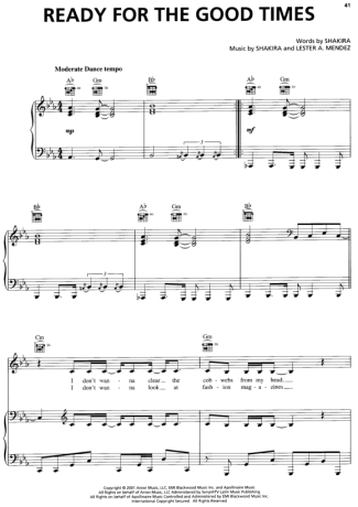 Shakira Ready For The Good Times score for Piano