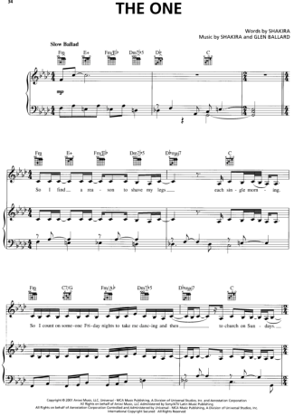 Shakira The One score for Piano