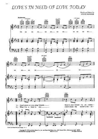 Stevie Wonder Loves In Need of Love Today score for Piano