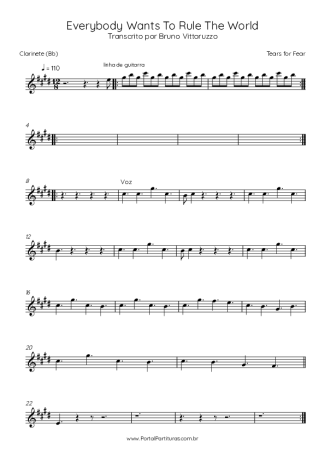 Tears For Fears Everybody Wants To Rule The World score for Clarinet (Bb)