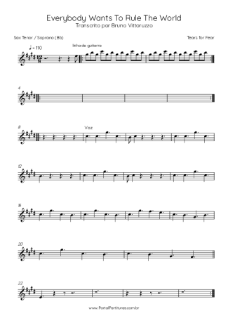 Tears For Fears Everybody Wants To Rule The World score for Tenor Saxophone Soprano (Bb)