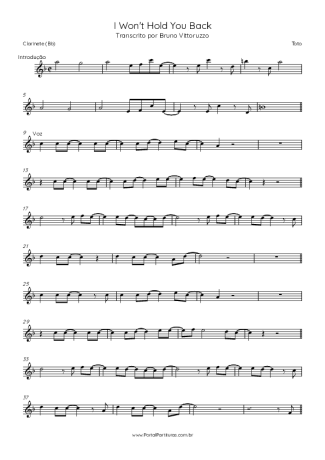 Toto I Won´t Hold You Back score for Clarinet (Bb)