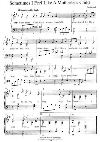 Traditional Gospel Music Sometimes I Feel LIke A Motherless Child score for Piano