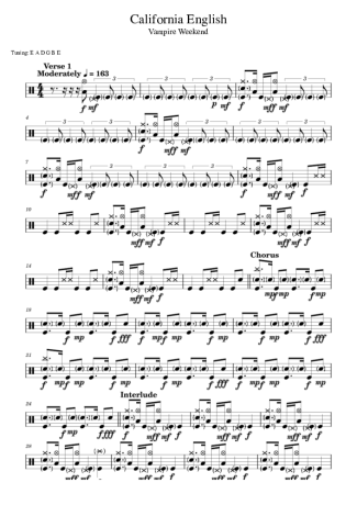 Vampire Weekend California English score for Drums